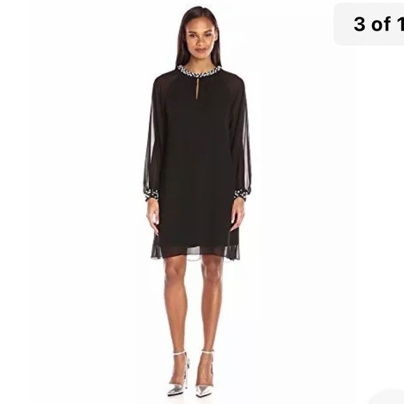 SLNY Navy Blue Long Sleeves Pearls Holiday Dress Size 8 - Picture 9 of 15